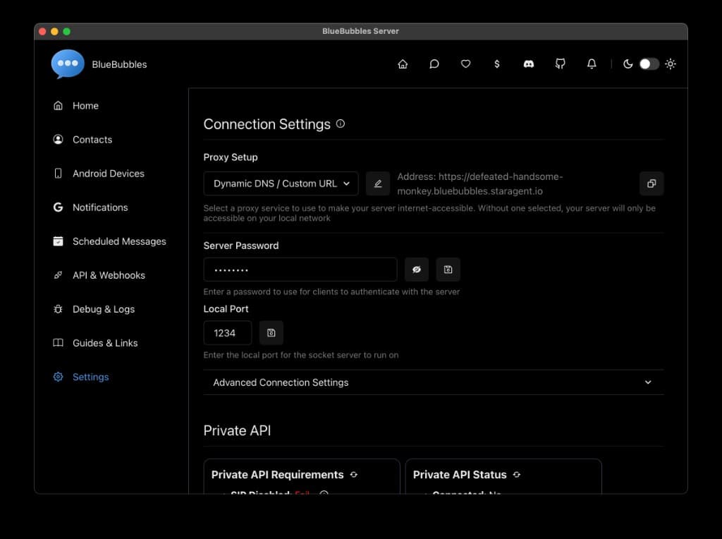 BlueBubbles Connection Settings showing the Dynamic DNS / Custom URL proxy setup with a StarAgent URL in the address field